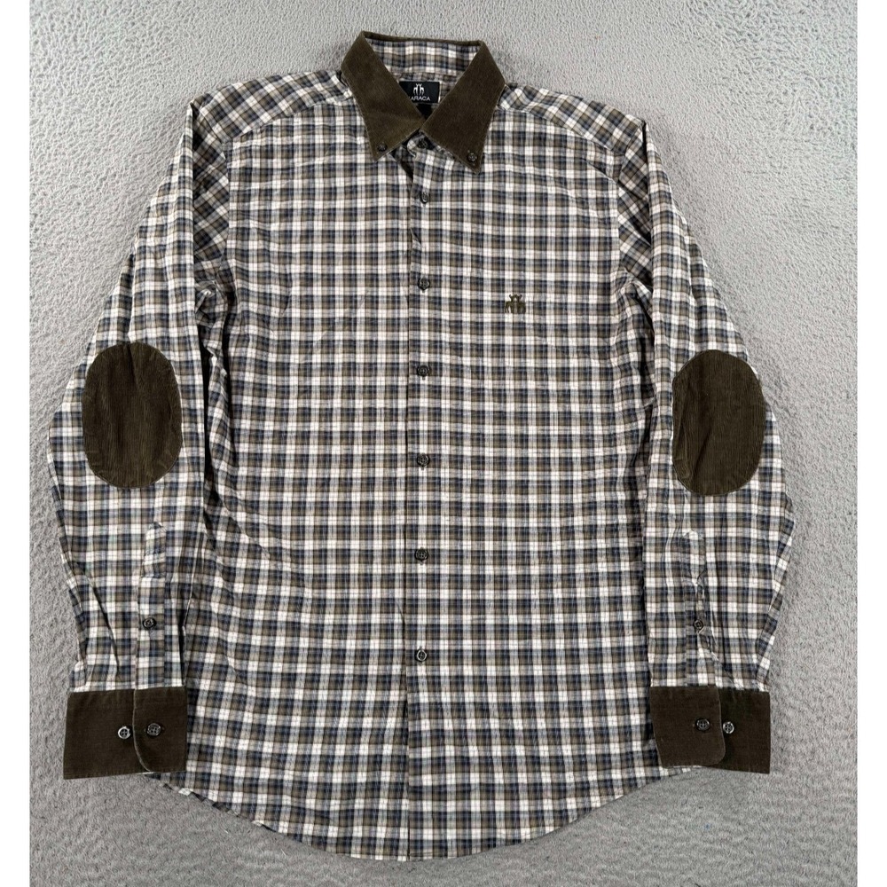 Karaca Shirt Mens‎ Large White Brown Plaid Slim Fit Elbow Patches Button Down